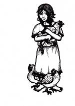 Ink drawing of girl with chickens