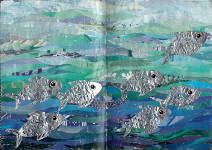 Magazine and foil fish collage